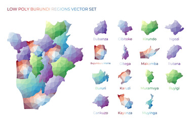 Burundian low poly regions. Polygonal map of Burundi with regions. Geometric maps for your design. Powerful vector illustration.