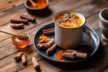 Golden milk in white mug, turmeric latte made with curcuma, cinnamon, anise, honey. Healthy hot...
