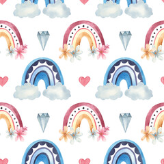 pattern with rainbows, hearts and stones watercolor illustration on a white background