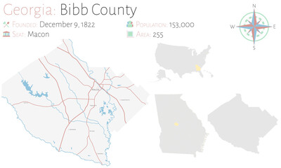 Large and detailed map of Bibb county in Georgia, USA.
