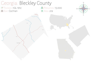 Fototapeta na wymiar Large and detailed map of Bleckley county in Georgia, USA. 