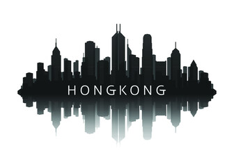 hongkong skyline silhouette in black with reflection - obrazy, fototapety, plakaty