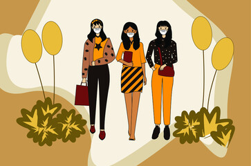 Young woman or girl wearing medical mask to prevent disease, flu, air pollution, contaminated air, world pollution. Vector illustration in a flat style.