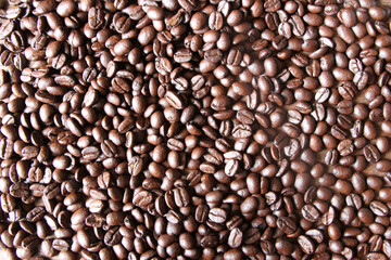 Coffee beans backgound on wooden table