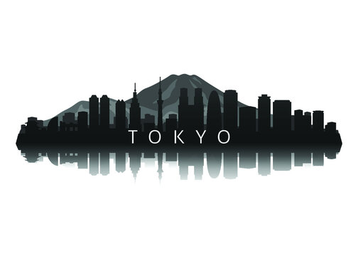 tokyo skyline silhouette in black with reflection