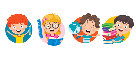 Happy Cute Cartoon School Children
