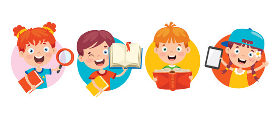 Happy Cute Cartoon School Children