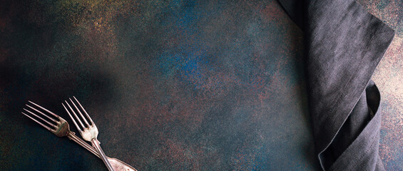 Rusty grunge kitchen background, restaurant menu, copy place, banner