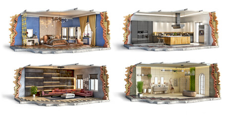Set of bedroom, kitchen, bathroom and living room interiors, 3d illustration