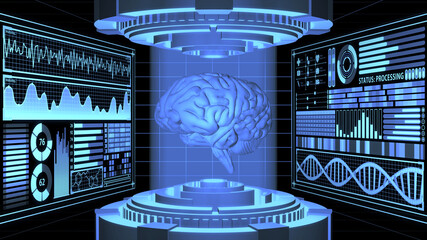 8K 3D Rendered anatomical Realistic Brain in Futuristic Laboratory and Digital HUD screens aligned in 3D space background