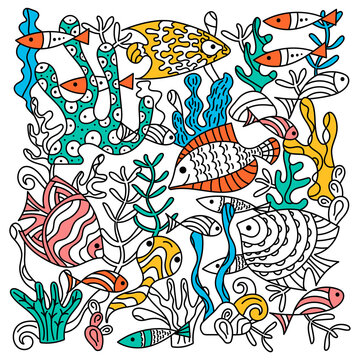 Find it and color it. Underwater world, sea, fish and plants. Children's coloring book, training, game.