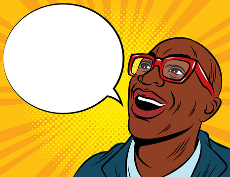 Color vector illustration in pop art style. African American man in glasses and suit. Amazed male face with speech bubble. The man is surprised. A man with an open mouth looks up.