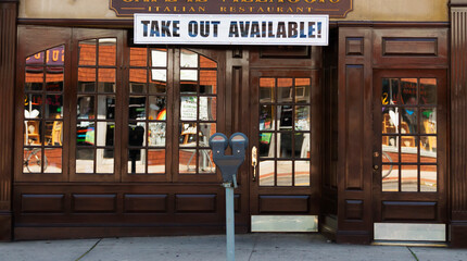 Take out food available sign on restaurant