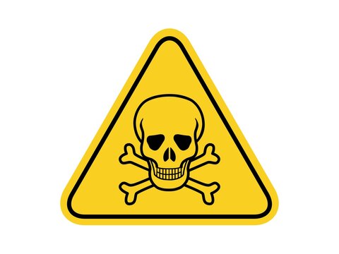 isolated Skull and crossbones, common hazards symbols on yellow round triangle board warning sign for icon, label, logo or package industry etc. flat vector design.