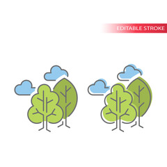 Green trees with clouds line vector icon. Tree, cloud, outdoor concept or nature environment colorful fill with outline icon. Editable stroke.