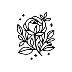 Hand drawn rose flower element. Floral line art for feminine logo, icon, business card, wedding invitation, or decoration
