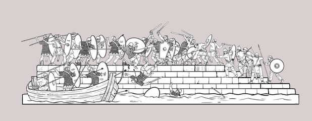 Fototapeta premium Battle scene roman army against barbarians. Historical drawing.