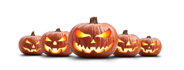 A group of five lit spooky halloween pumpkins, Jack O Lantern with evil face and eyes isolated...