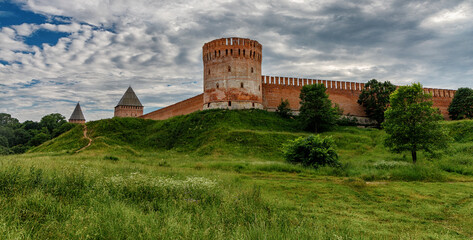 Old Fortress on a green hill. The fortress wall in Smolensk. Russia