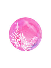 Watercolor pink circle spot with doodle white leaf