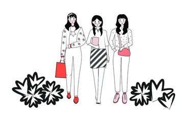 Young woman or girl dressed in trendy clothes. Women's friendship, union of feminists or sisterhood. Female cartoon character. Vector illustration in a flat style.