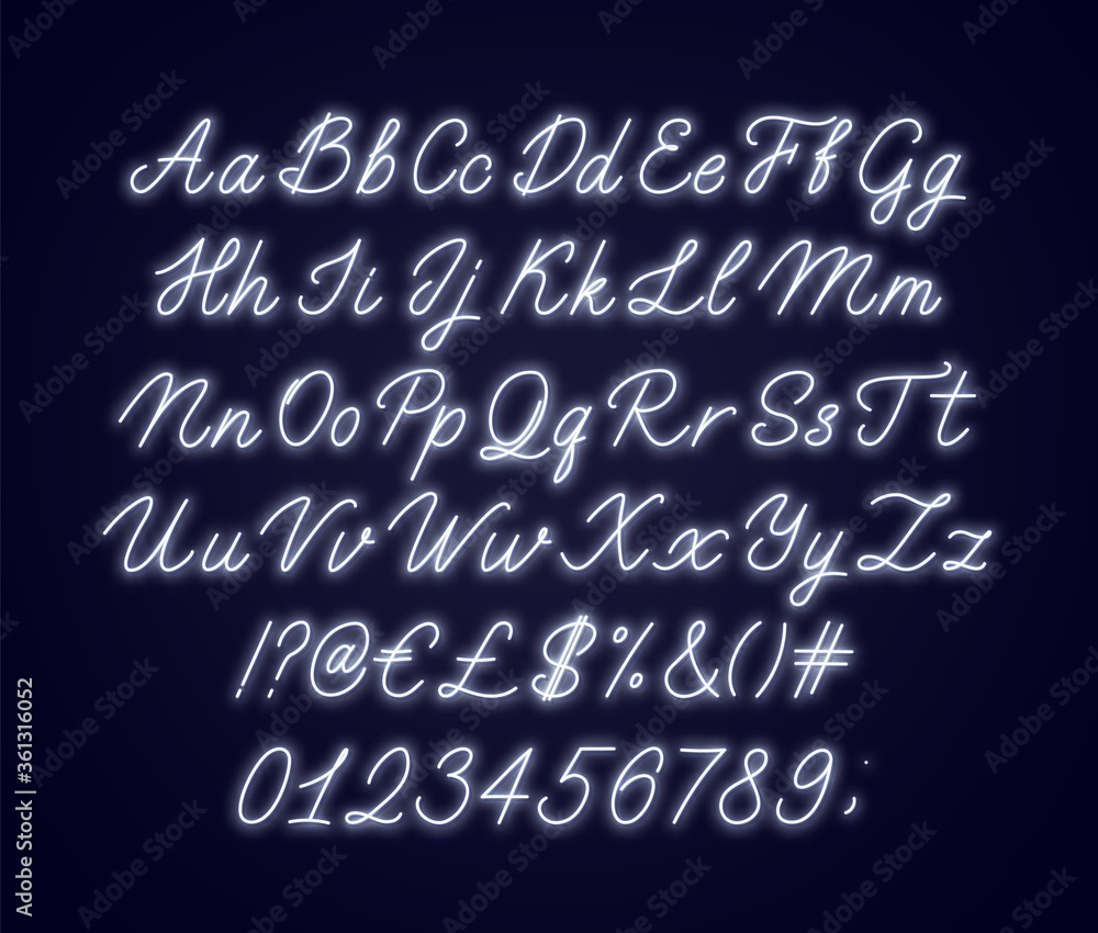 Aufkleber neon white script alphabet. glowing cursive font with letters, numbers and special characters on a d