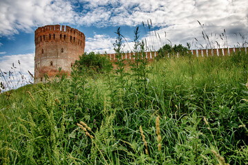 Old Fortress on a green hill. The fortress wall in Smolensk. Russia