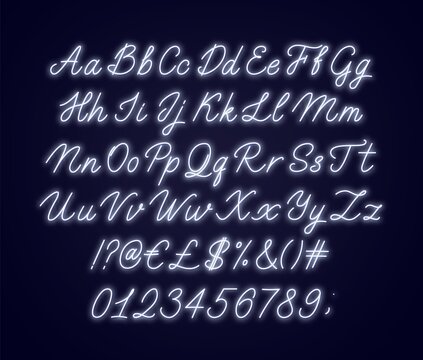 Neon white script alphabet. Glowing cursive font with letters, numbers and special characters on a dark background.