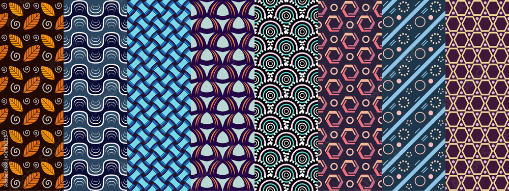 Poster colorful seamless pattern set, collection of repeating geometric element patterns, wallpaper, backgr