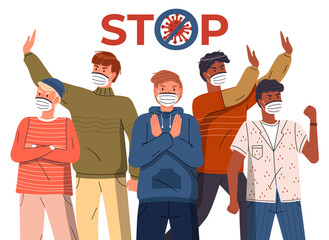 Crowd of multinational guys in face medical masks protesting against world epidemic. Group of characters gesturing stop signs to spreading virus. Concept of covid19. Stop gesture, crossed out sign