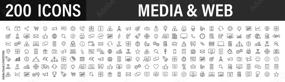 Poster set of 200 media and web icons in line style. data analytics, digital marketing, management, message