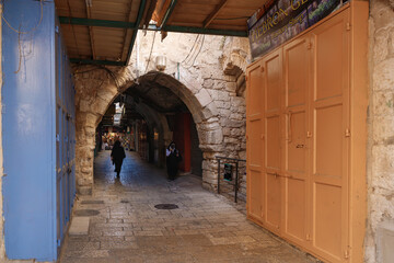 Empty tourist HaNotsrim Street in Christian quarter in the old city of Jerusalem, Israel