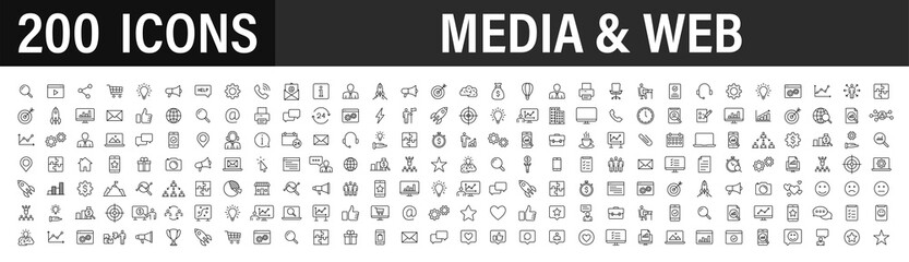 Set of 200 Media and Web icons in line style. Data analytics, Digital marketing, Management, Message, Phone. Vector illustration. - obrazy, fototapety, plakaty