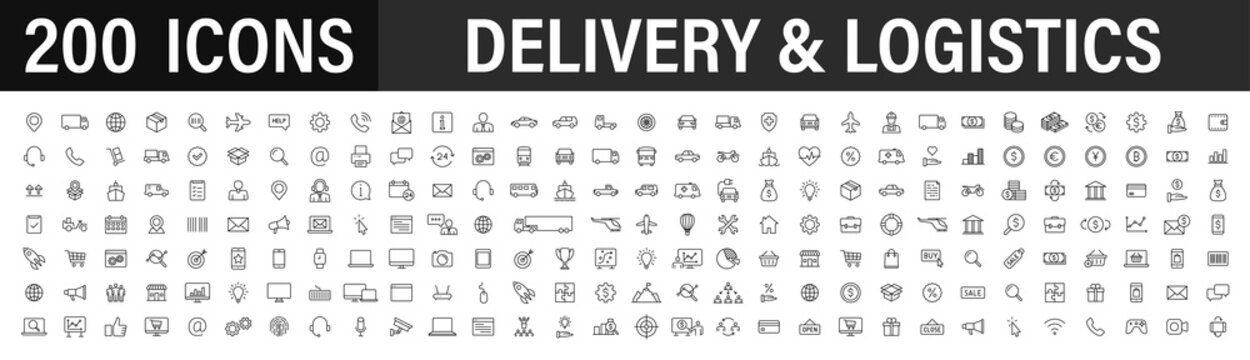 Set of 200 Delivery and logistics web icons in line style. Courier, shipping, express delivery, tracking order, support, business. Vector illustration.