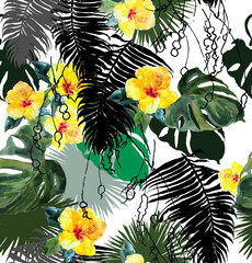 Seamless Pattern Watercolor Hand Painted Artwork Illustration Yellow Flowers with Palm Leaves in Tropics Jungle on White Background