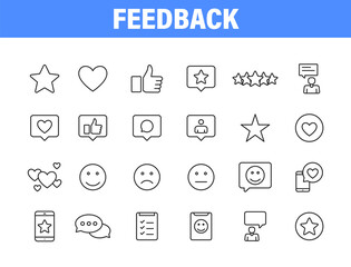 Set of 24 Feedback and Review icons in line style. Star Rating, Emotion symbols. Vector illustration.