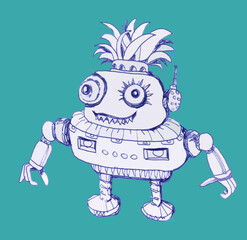 Robot, vintage toy and character. Ink illustration.	