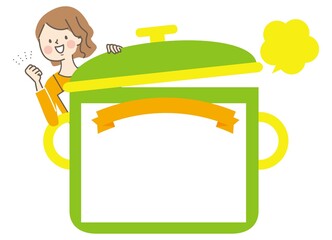 料理教室のタイトル枠とエプロン姿の女性