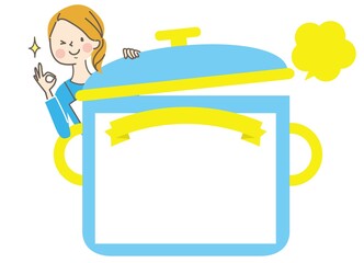 料理教室のタイトル枠とエプロン姿の女性