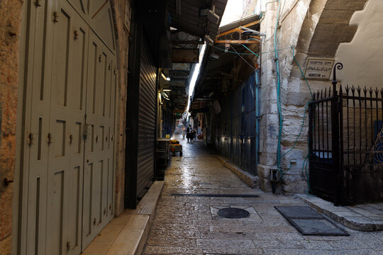 Empty tourist Shuk Hatsabaim Street in Christian quarter in the old city of Jerusalem, Israel