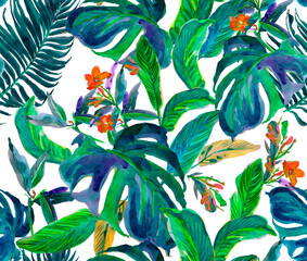 Seamless Pattern Watercolor Hand  Painted Artwork with Tropical Exotic Leaves and Flowers, Floral Jungle Print Many Palm  and Monstera Leaves in Blue and Green with Orange Flowers