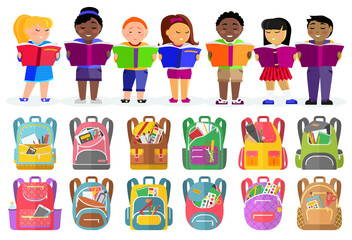 Schoolbags with stationery supplies or rucksacks, school children with books vector. Pupils or students reading textbooks, backpacks, boys and girls. Back to school concept. Flat cartoon