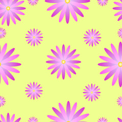 Vector seamless pattern with floral, repeating element. Pattern with a pink flower on a yellow background. Use in textiles, clothing, wallpaper, design, baby backgrounds, wrapping paper.
