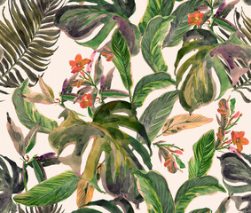 Seamless Pattern Hand Painted Watercolor Artwork  Monstera Leaves with Small Red Flowers in Tropical Jungle Exotics on Pink Background
