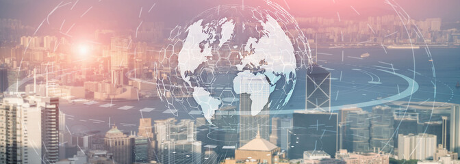 Globe Global business technology concept of modern city background. Website header.