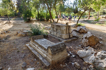 Tombstones over graves in the Arab cemetery in the quarter of Mamila in Jerusalem, Israel