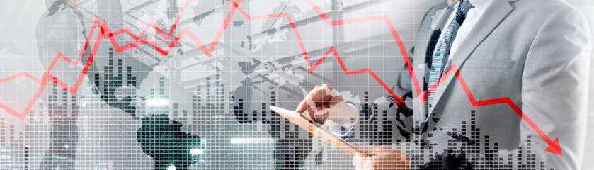 Red arrow to down. Abstract recession and crisis background on world map background.