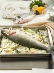 Lubina cruda  con cebolla preparada para el horno. Raw sea bass with baked onion.