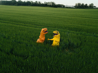Two yellow and orange dinosaur dino tyrannosaurus running biting each other and having fun in green...