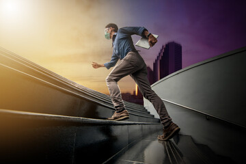 The businessman running up to rising sun sky over his urban.